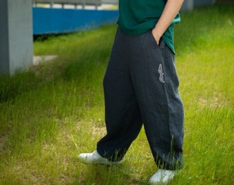 Flax pants, Graphite Linen Pants for Woman Man, Gray linen trousers, Harem flax Pants, Yoga Pants, Loose Unisex Linen Pants