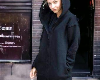 Oversized Zip Hoodie, Long Streetwear Hoodie, Y2K Black Hoodie, Unisex Hooded Jacket, Minimalist Hoodie, Gothic Streetwear