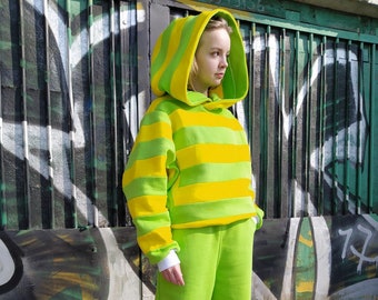 Yellow Green Hoodie for women, Trendy hoodie, Rainbow Loose warm sweatshirt hoodie with wide sleeves, Big hood hoodie, Streetwear clothing