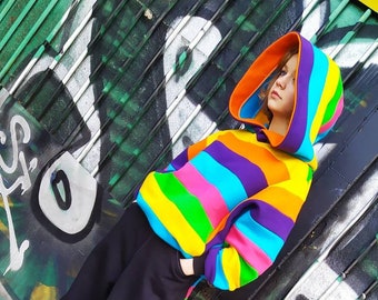 Rainbow Hoodie women, Loose warm sweatshirt hoodie with wide sleeves, Big hood, streetwear clothing