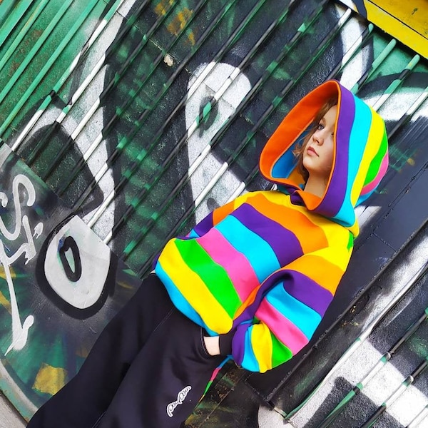 Rainbow Hoodie women, Loose warm sweatshirt hoodie with wide sleeves, Big hood, streetwear clothing