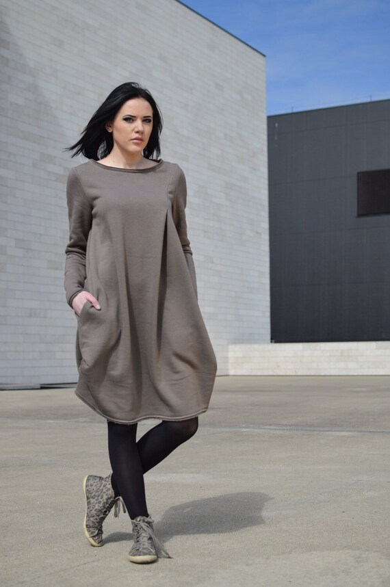 Brown Cotton Tunic Dress: Casual Long Sleeve Maternity Hoodie