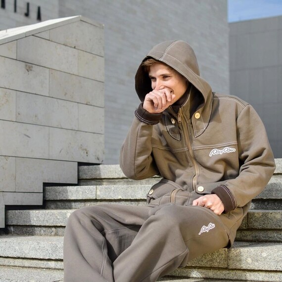 Brown Cotton Long Hoodie Jacket for Men 