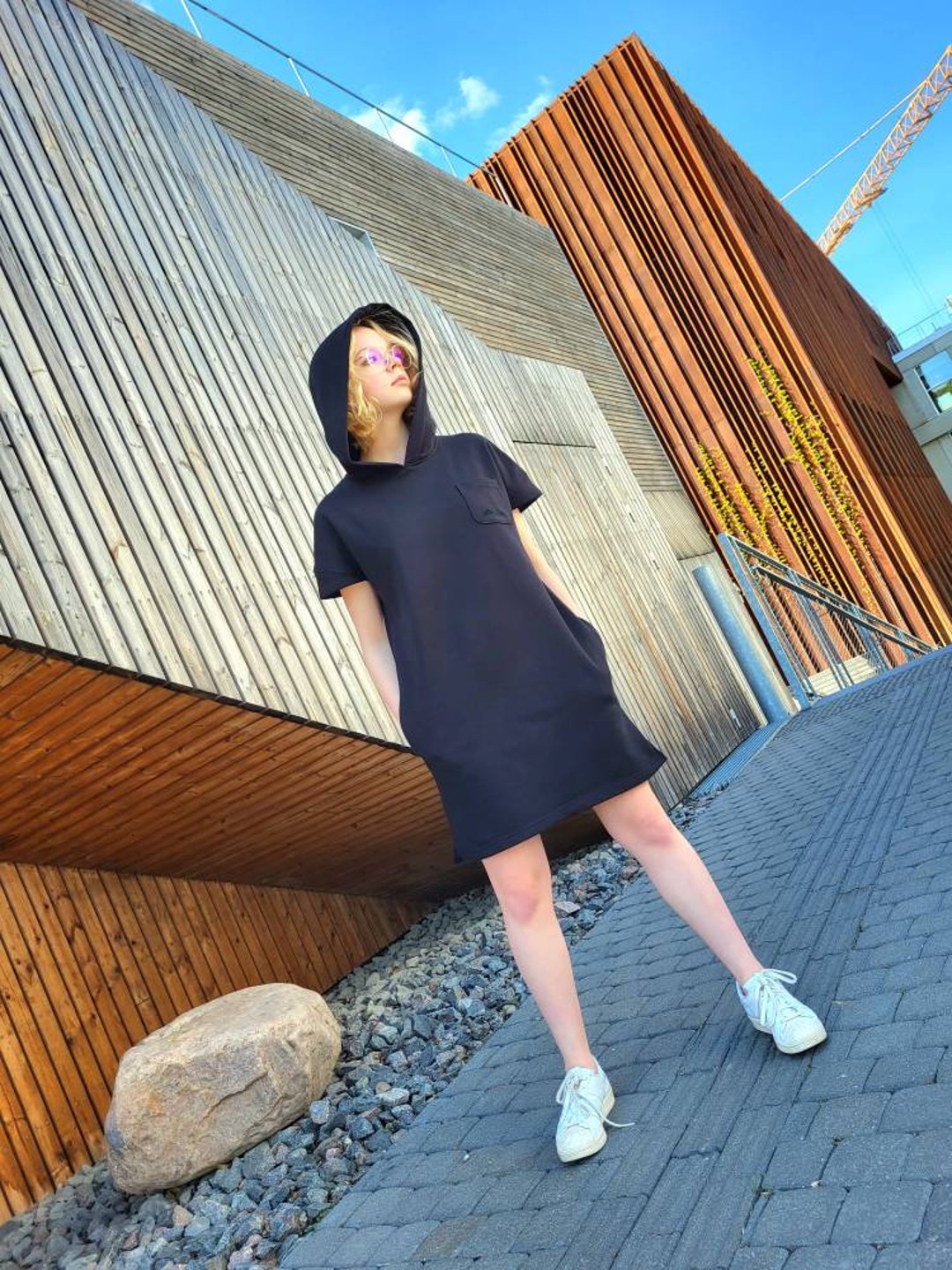 Black Cotton Hoodie Dress: Casual Looped Sweatshirt With Pockets - Etsy  Israel