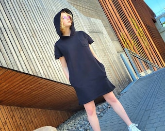 Black Cotton Hoodie Dress: Casual Looped Sweatshirt with Pockets