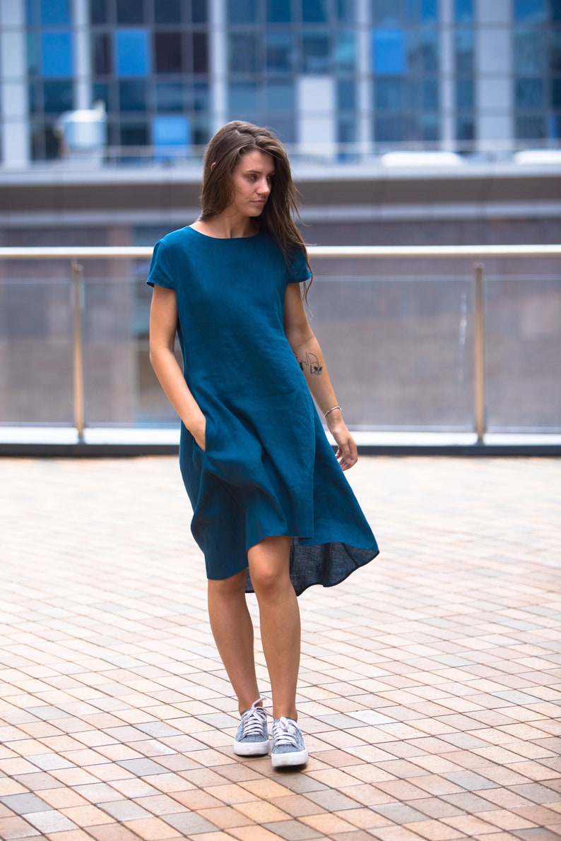 Teal Blue Linen Dress Petrol Blue Linen Dress Summer Dress - Etsy