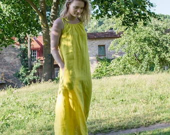 Long linen dress / Yellow Pink linen dress / Boho dress /Softened linen dress / Festival dress / Adjustable Straps High quality linen dress