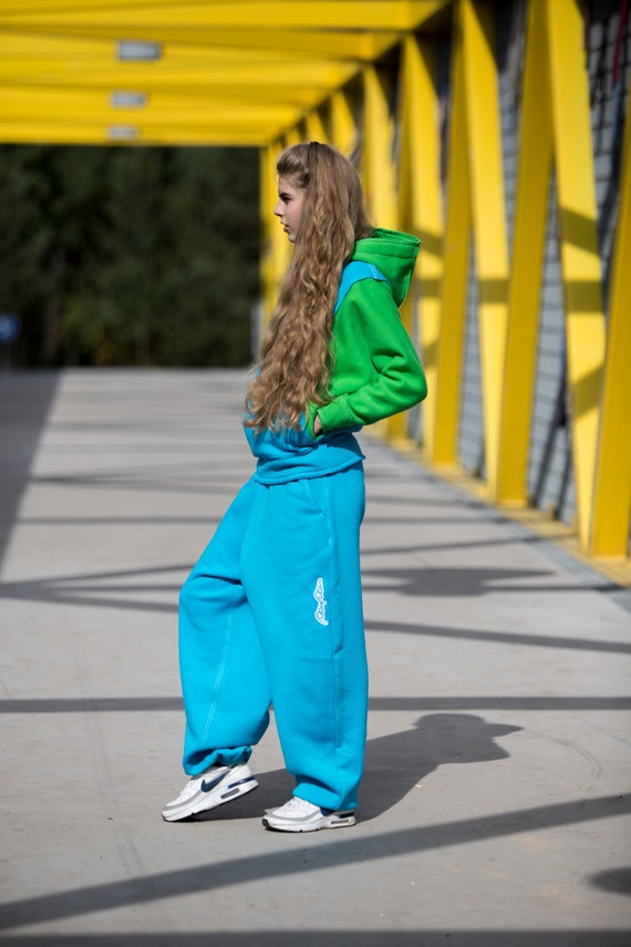 Oversize Sweatpants, Ocean Blue Sweatpants, Baggy Blue Cotton