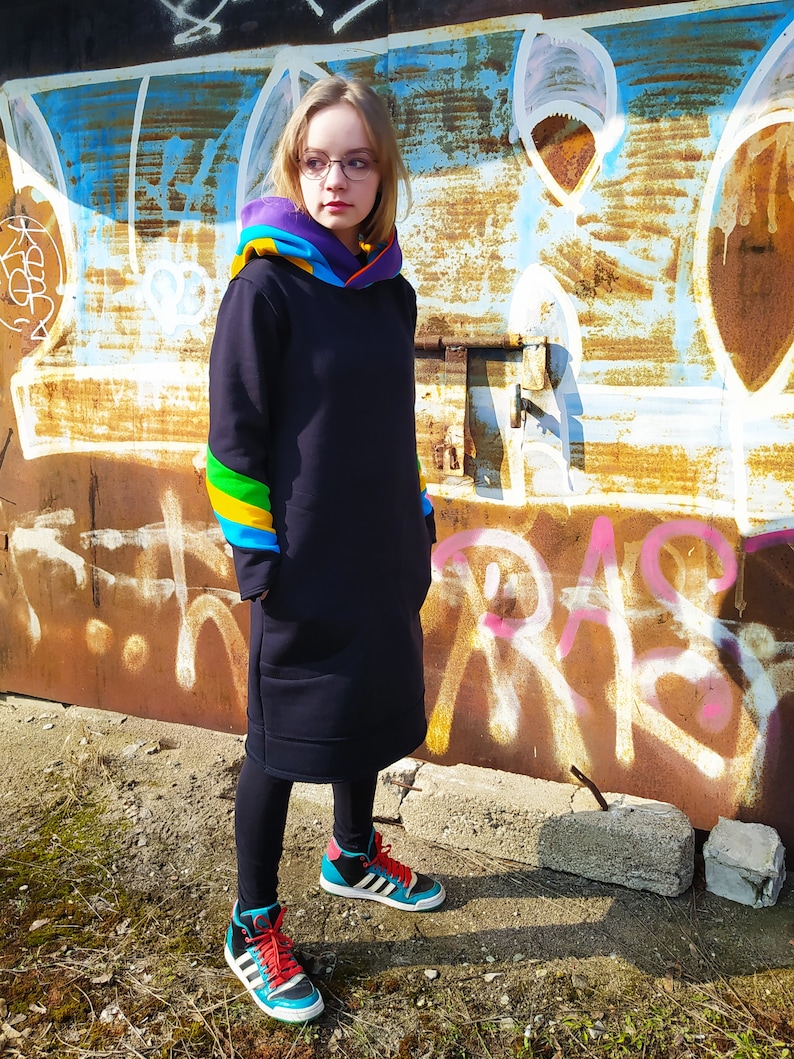 Rainbow Multicolor Black Dress, Oversize multicolor hood dress with pockets, Casual Warm Black Cotton Dress, Big hood Sweatshirt Dress, image 6