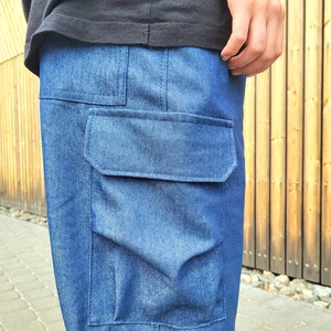 Jeans pants, 6 pockets unisex elastic jeans cotton pants, Baggy Blue trousers for woman man, Drop crotch trousers, Loose low waist pants image 9