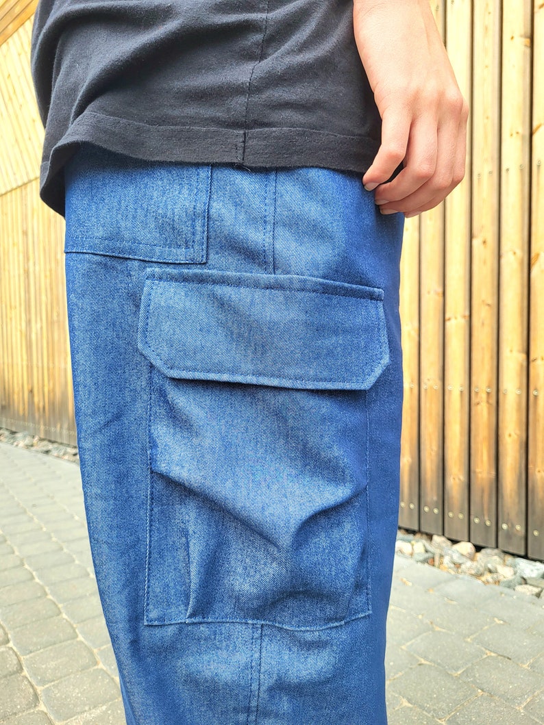 Jeans pants, 6 pockets unisex elastic jeans cotton pants, Baggy Blue trousers for woman man, Drop crotch trousers, Loose low waist pants image 9