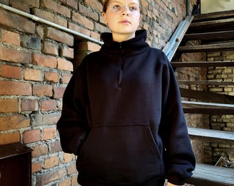 Black Cotton Half Zip Jumper: Unisex Pullover Sweatshirt