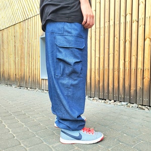Jeans pants, 6 pockets unisex elastic jeans cotton pants, Baggy Blue trousers for woman man, Drop crotch trousers, Loose low waist pants image 6