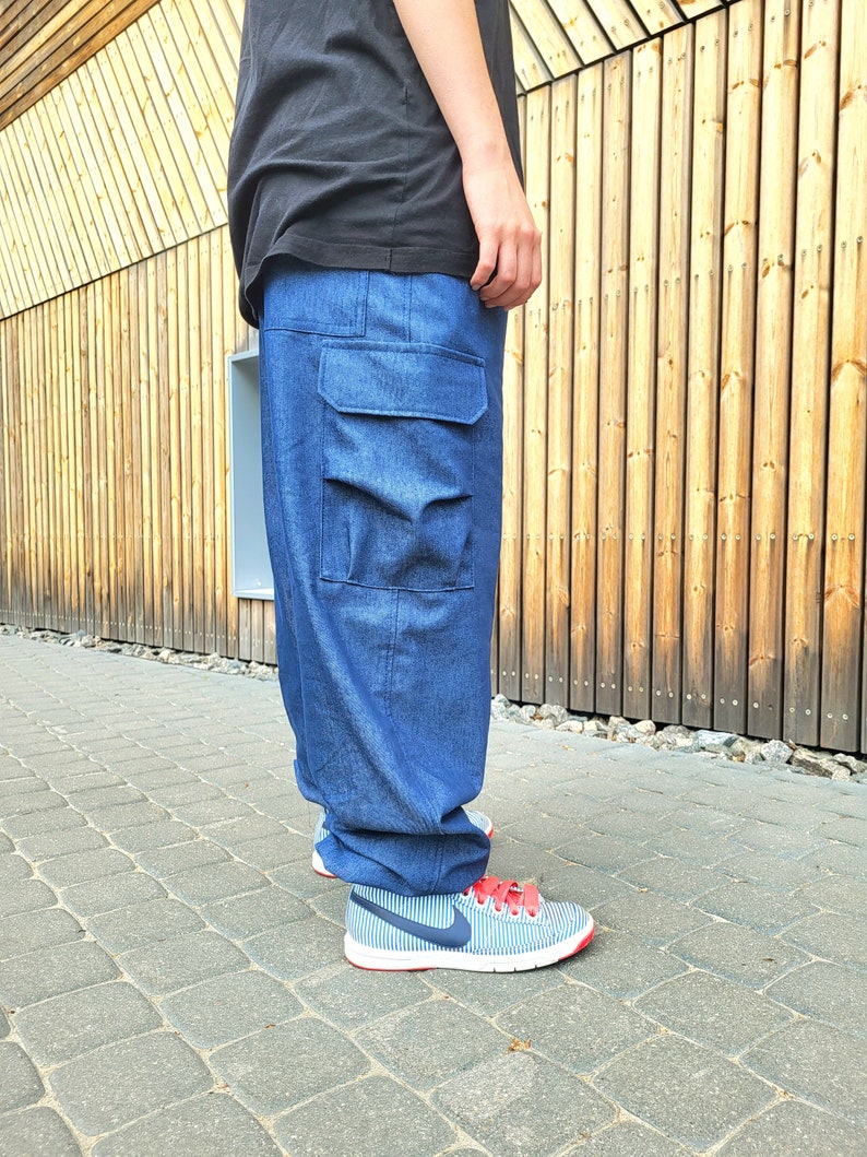 Jeans pants, 6 pockets unisex elastic jeans cotton pants, Baggy Blue trousers for woman man, Drop crotch trousers, Loose low waist pants image 6