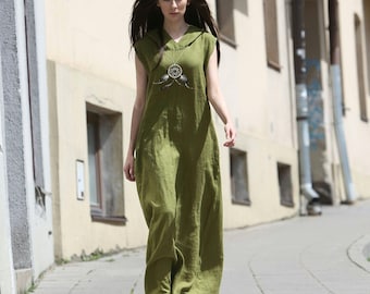 Linen Hooded Maxi Dress Women, Oversized Linen Dress with Pockets, Minimalist Loose Boho Dress, Custom Length Linen