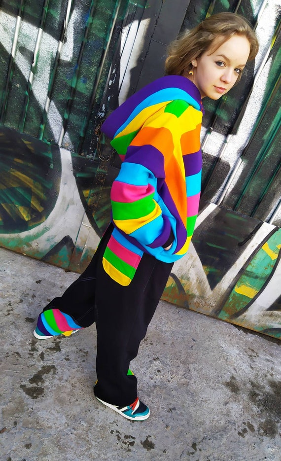 Rainbow Hoodie Women Loose Warm Sweatshirt Hoodie With Wide - Etsy