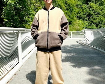 Unisex Bomber Jacket – Sand & Mocha Colorblock | Oversized Fit | Handmade by Peupeu