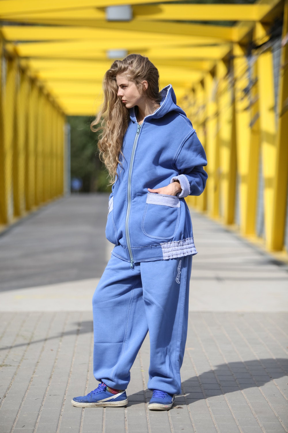 light blue hoodie and sweatpants