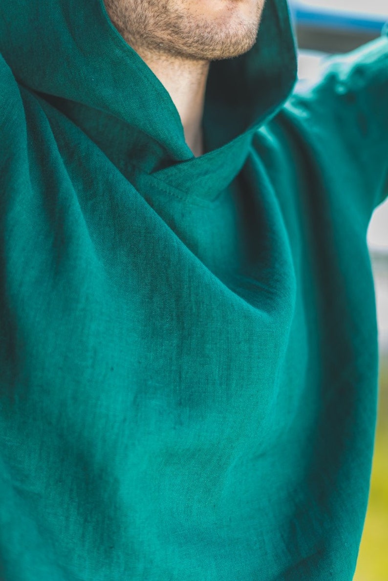 Flax t-shirt Oversize hood Emerald Green linen hoodie Men Women Green Summer hoodie shirt Beach Linen short sleeve hoodie