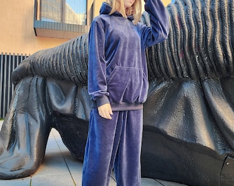 Navy Blue Velour Sweatpants: Baggy Cotton Trousers