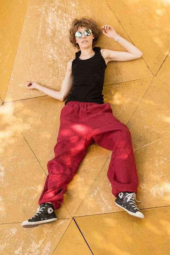 Bordo Linen Pants Baggy Burgundy Linen Pants Unisex Red Harem