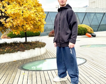 Blue Melange Sweatpants, Oversized Cotton Streetwear Pants, Unisex Baggy Fit