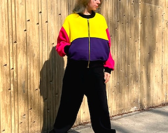 Colorblock Cotton Bomber Jacket – Retro Yellow, Pink & Purple Zip-Up