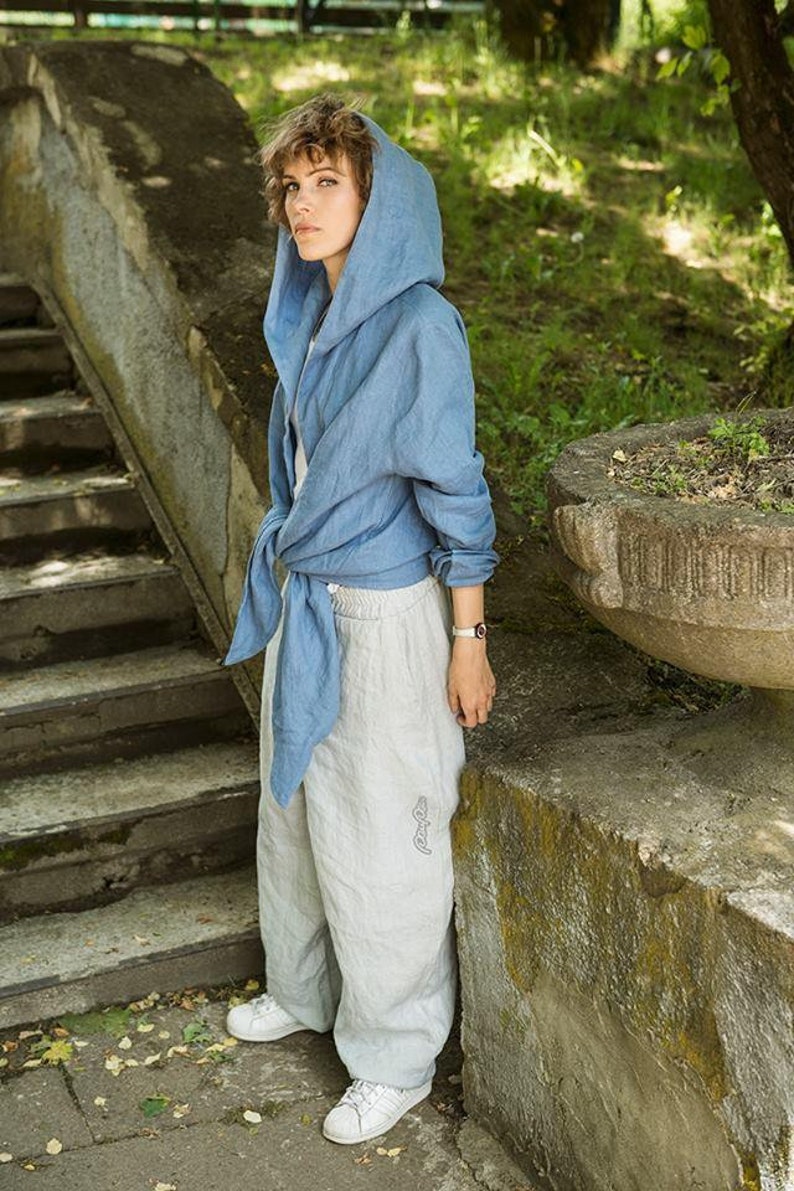 Blue Linen jacket, Oversized linen top, Woman jacket, Linen cardigan, Wrap cardi, Linen hoodie, Linen coat, Oversize hood, Festival clothing image 4