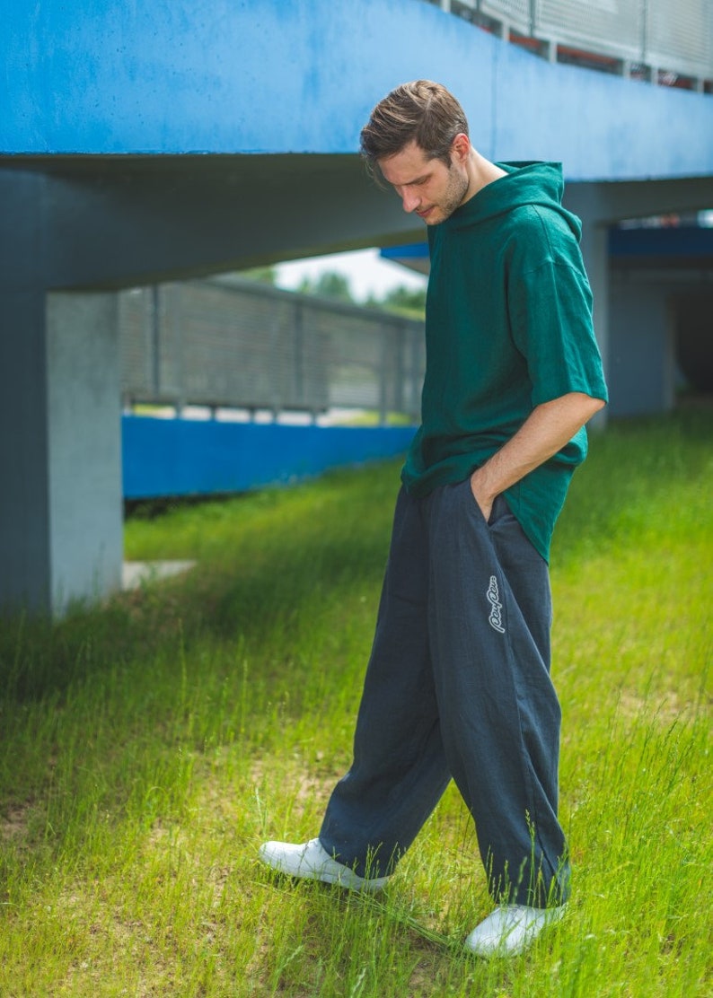 Flax t-shirt Oversize hood Emerald Green linen hoodie Men Women Green Summer hoodie shirt Beach Linen short sleeve hoodie