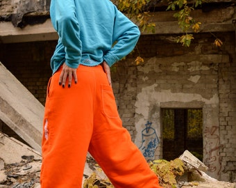 Orange Baggy Sweatpants, Warm Unisex Cotton Pants, Autumn