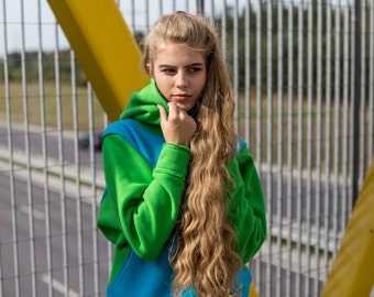 Aqua blue green Hoodie for woman, baggy colored woman hoodie, short wide sleeves hoodie, cotton oversized hoodie, big hood sweatshirt hoodie