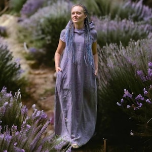 Light Purple Linen Maxi Dress: Bohemian Hooded Summer Dress