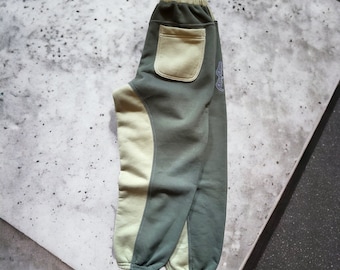 Two-Tone Khaki Cotton Sweatpants: Unisex Baggy Trousers