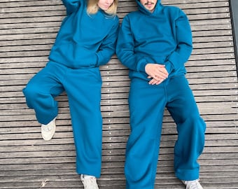 Dark Teal Blue Cotton Sweatpants: Drop Crotch Unisex Lounge Pants