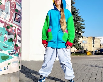 Colorful Zip Hoodie: Oversized Baggy Cotton Sweatshirt
