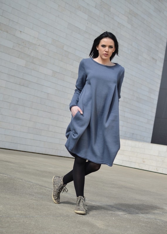 Gray Cotton Shirt Dress: Long Sleeve, Loose Fit, Maternity Style Gray Cotton Shirt Dress: Long Sleeve, Loose Fit, Maternity Style