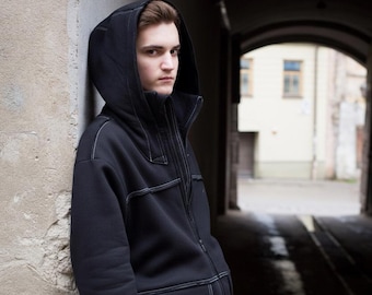 Custom Oversized Zip Hoodie, Black Streetwear Jacket, Velcro Pocket Hoodie, Techwear Hoodie, Unisex Y2K Hoodie, Made to Order