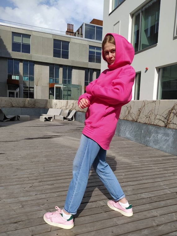 Pink Hoodie, Oversized Bright Pink Cotton Hoodie, Big Hood Loose Sweatshirt,  Travelling Hoodie, Extra Long Sleeves, Plus Sizes -  Denmark