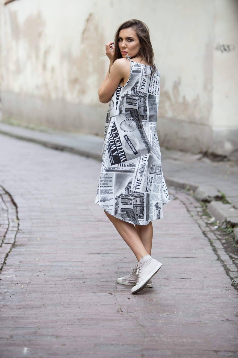 Newspaper print dress, White black dress, Tribal Fashion dress // Adjustable Straps dress // Vintage dress image 3