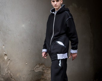 Long Black Zip Hoodie With Gray Details, black oversize hoodie for man, big hood hoodie for woman, hoodie with pockets,