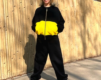 Bold Black & Yellow Cotton Bomber Jacket – Handmade Unisex Zip-Up Streetwear