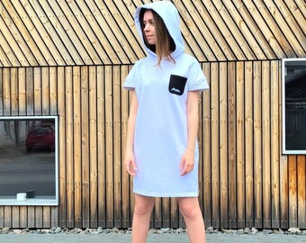 White cotton dress, White black looded dress with pockets, Casual Warm looped Cotton Dress, Big hood Sweatshirt sport Dress