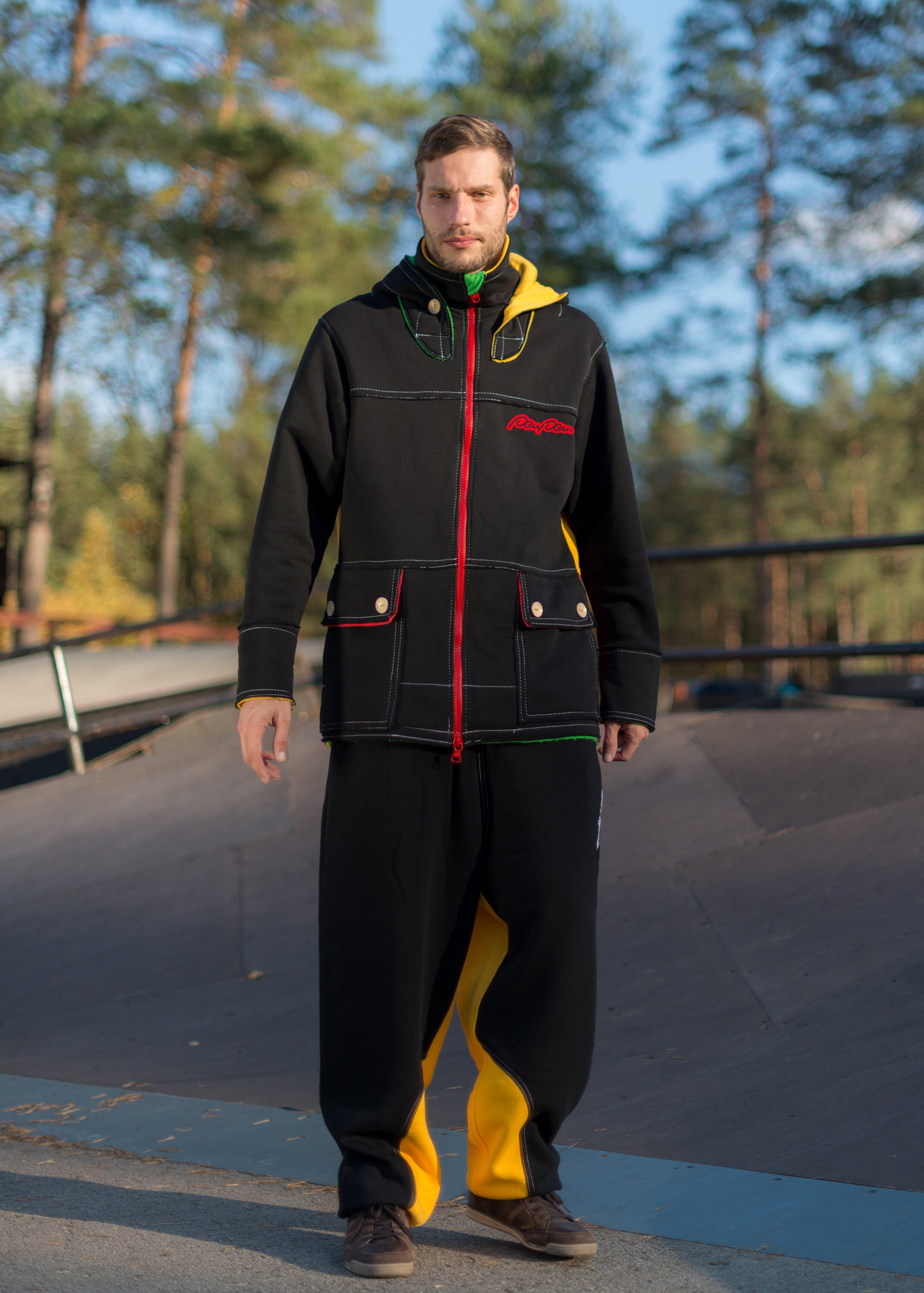 black and yellow sweatpants