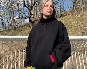 Colorblock Quarter-Zip Cotton Hoodie: Unisex Rasta Jumper