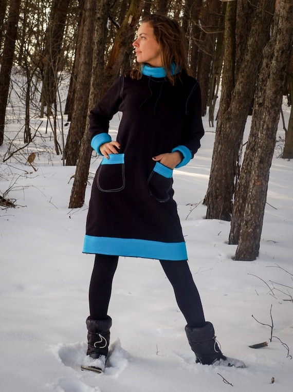 Black Cotton Hoodie Dress: Casual Winter Sweatshirt Dress