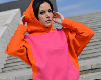 Orange Pink Hoodie for woman, baggy colored woman hoodie, short wide sleeves hoodie, big hood sweatshirt hoodie