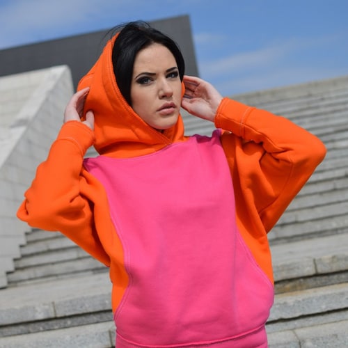 Unisex Hoodie Sweatshirt Neon Orange Orange Pink Oversized Hoodie