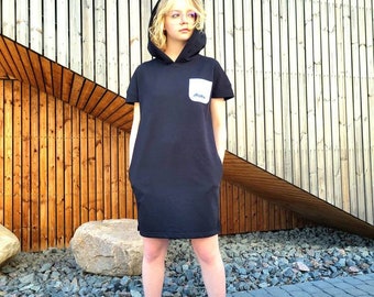 Black Cotton Hoodie Dress: Casual Sport Sweatshirt with Pockets