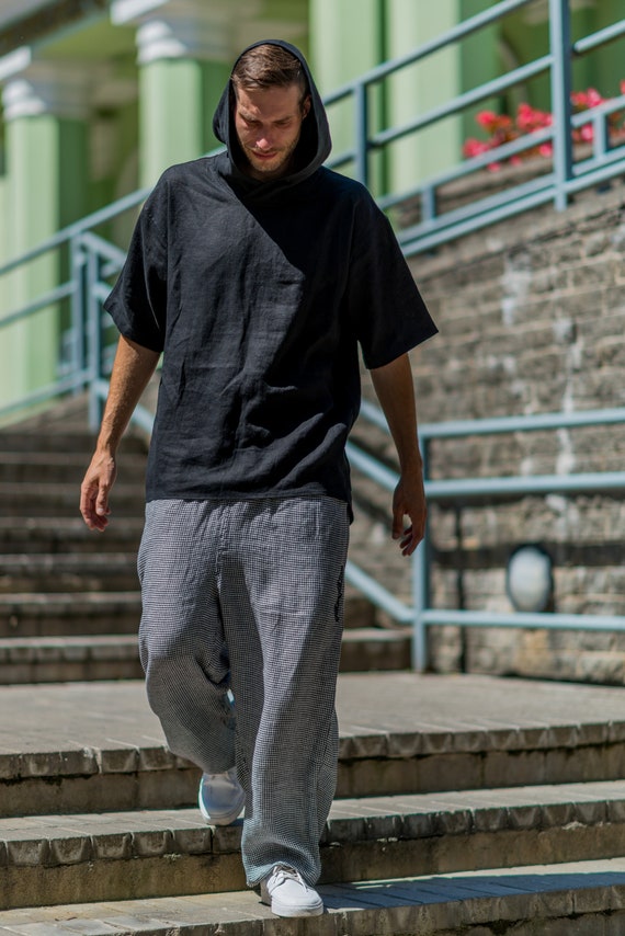 Black Linen Hoodie Men Women Summer Hoodie Shirt Flax T shirt Beach Linen Short Sleeve Hoodie Tunic Oversize Hood Festival Clothing Etsy UK