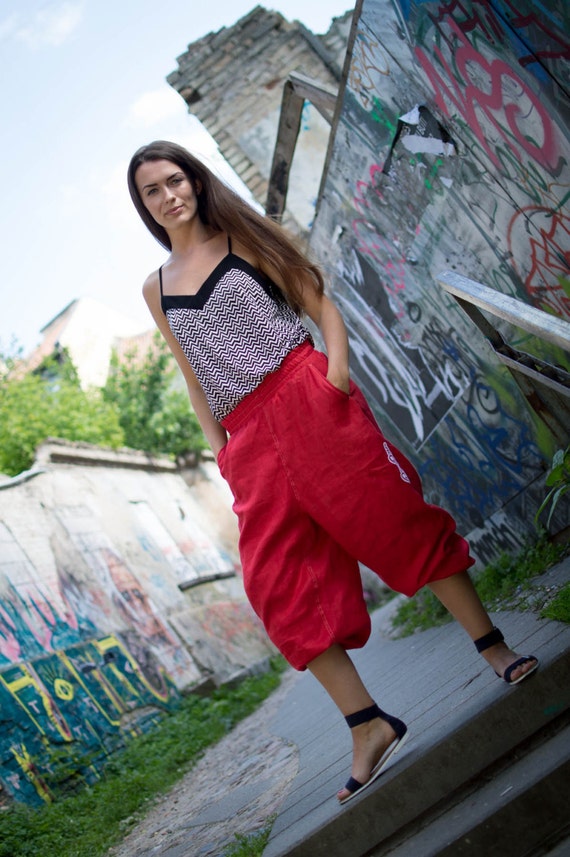 Pantalones de lino rojo pantalones Harem pantalones de verano para mujer pantalones de lino para hombre pantalones unisex de lino ancho